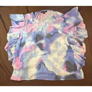 Zac & Rachel Women’s Large Blouse Pink Purple Abstract Print Ruffle Sleeve Top